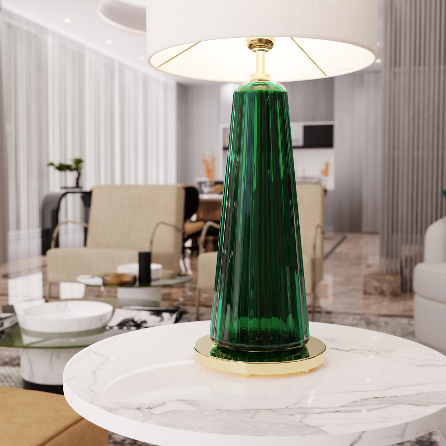 PIUMATI: A New Murano Glass Table Lamps Collection Detail of a Murano Glass Table Lamp Green and white lampshade Handmade in Italy