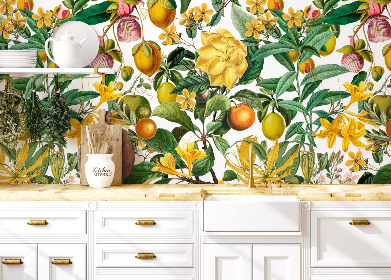 Wall mockup in kitchen interior background, Farmhouse style, 3d