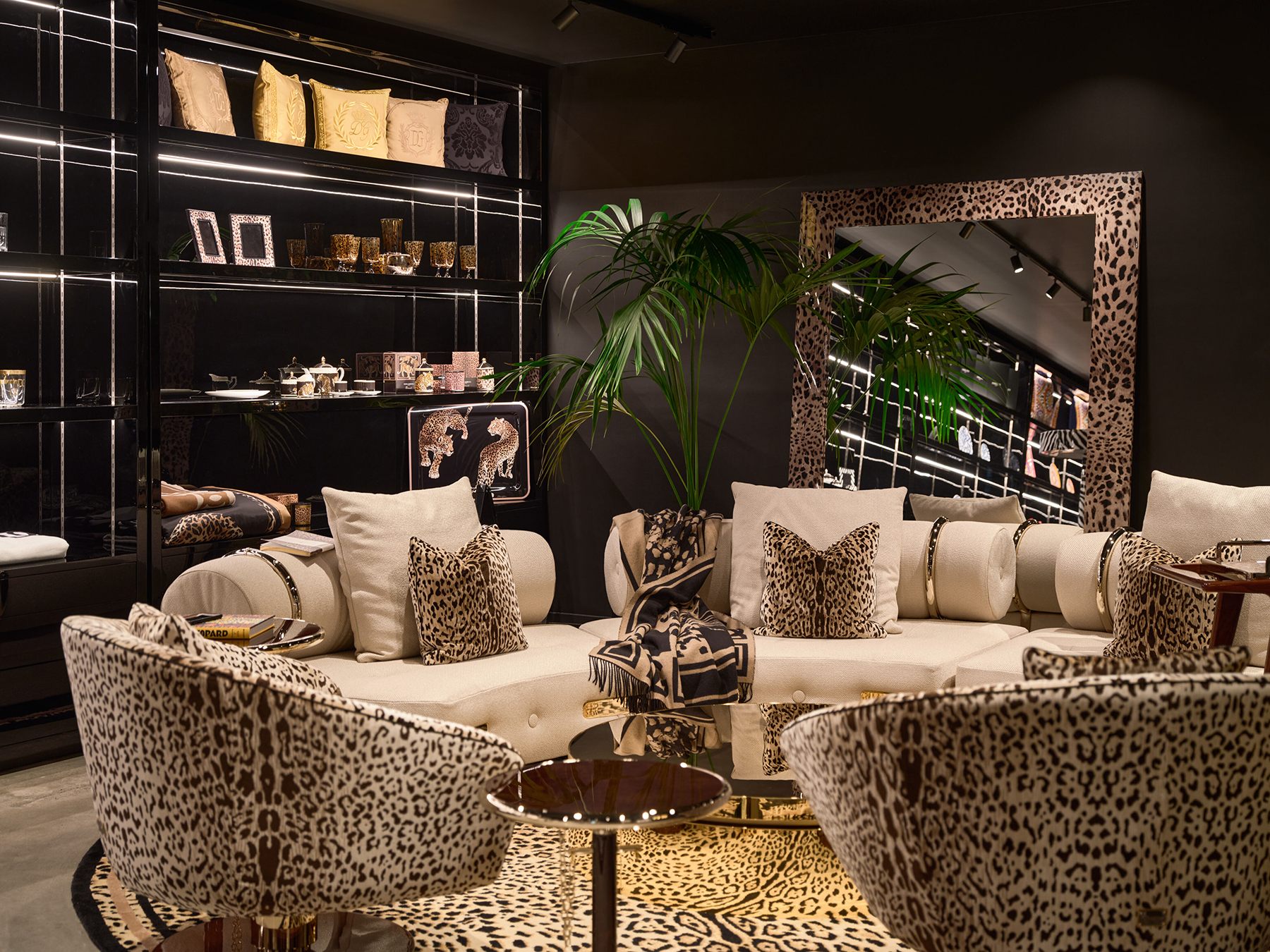 A bold Dolce & Gabbana Casa living room, featuring a full leopard print look. Showcased at Maison Territo. Photo courtesy of Bernard
