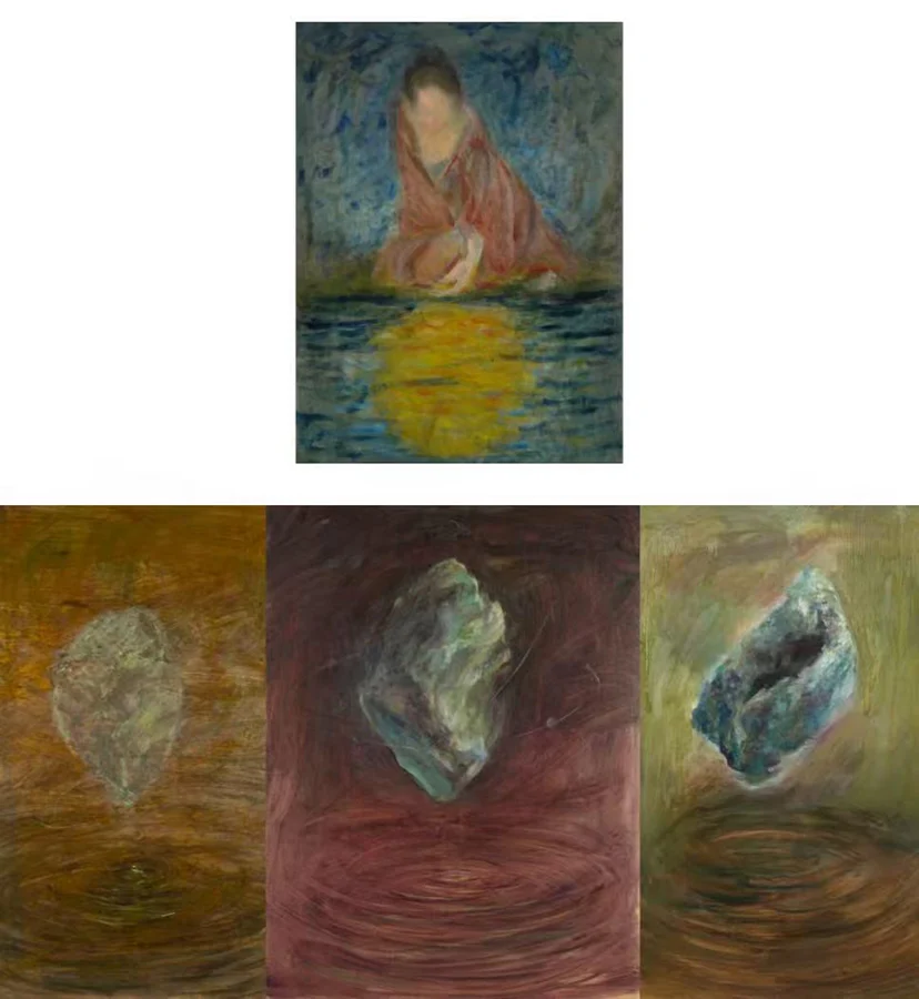 Whispering Moon, Silent Soul, an oil painting that depicts a female figure, blurred like a memory, bending toward a lake, looking at the moon,