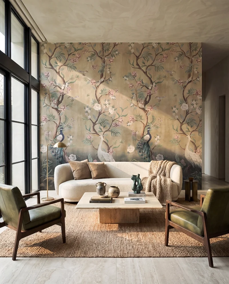 Living room with Feathr Kubla Khan Sand peacock mural