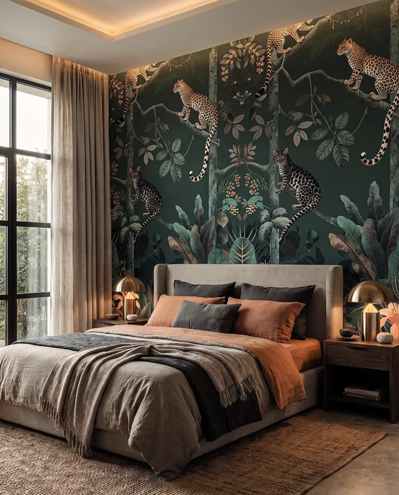 Bedroom with Feathr Panthera Green jungle wallpaper
