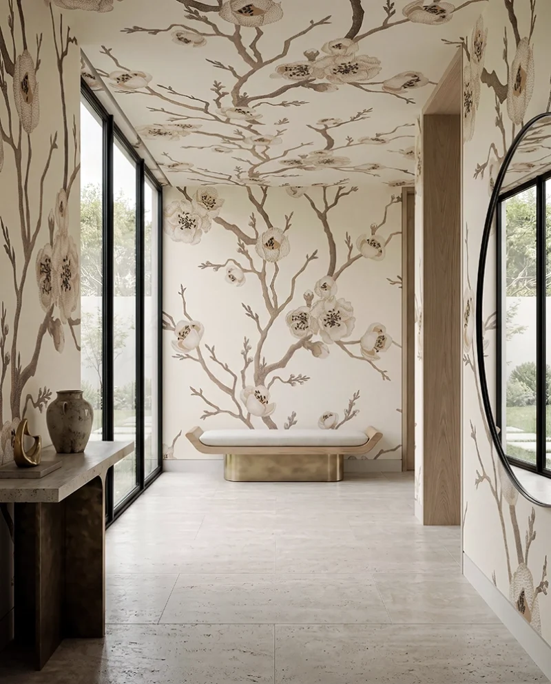 Hallway with Feathr Sakura in Bloom Cream wallpaper on walls and ceiling