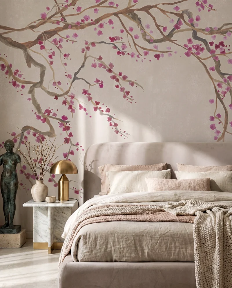 Bedroom with Feathr Takeda Sand cherry blossom wall mural