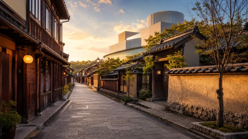 Golden hour in a quiet Japanese lane, Kanazawa, Japan. AI Image by ChatGPT