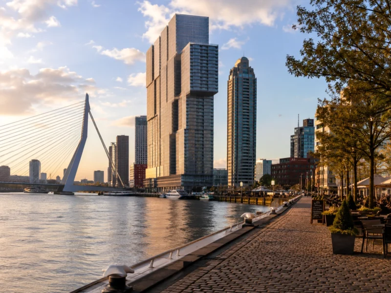 Golden hour waterfront promenade with skyline in Rotterdam, The Netherlands. AI Image by ChatGPT