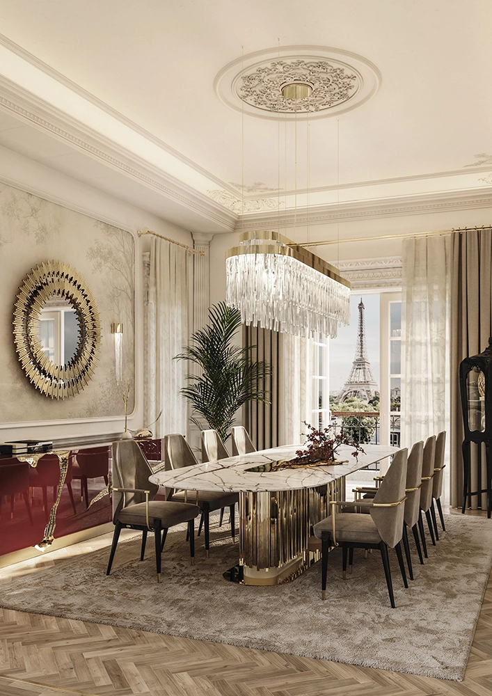 Marble, polished brass, and a framed Eiffel Tower view give the dining room its distinctive sense of occasion.
