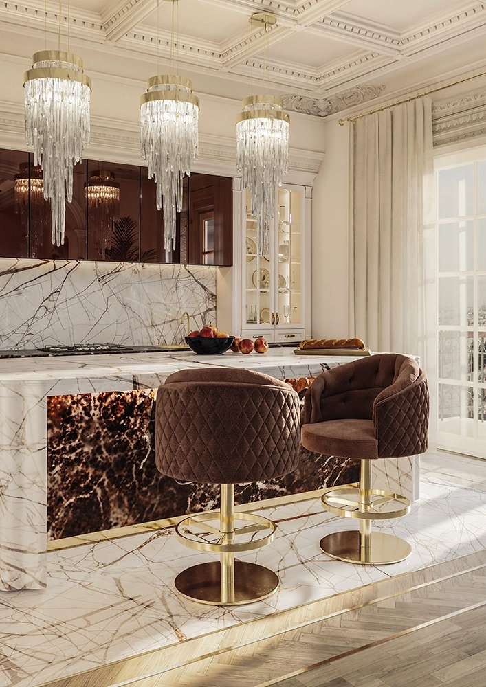 Veined marble, rich red cabinetry, and crystal pendant lighting bring a more spirited character to the kitchen.