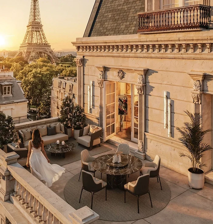 Rooftop terrace at La Vue Eiffel Penthouse overlooking the Eiffel Tower