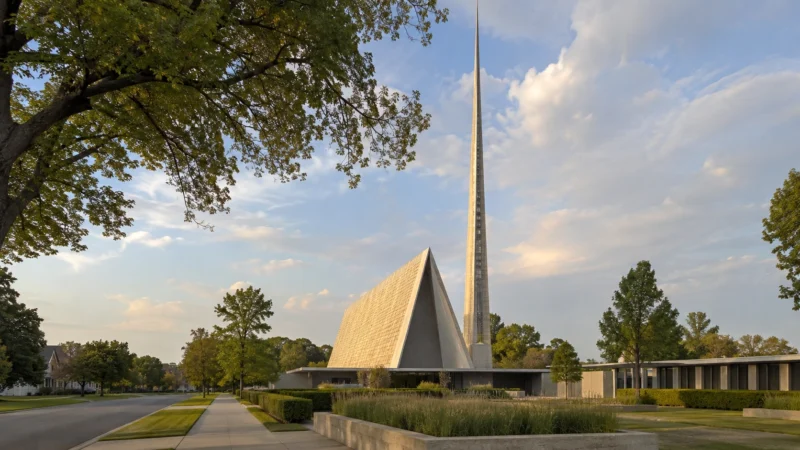Modern architecture with serene landscaping in Columbus, Indiana. AI Image by ChatGPT