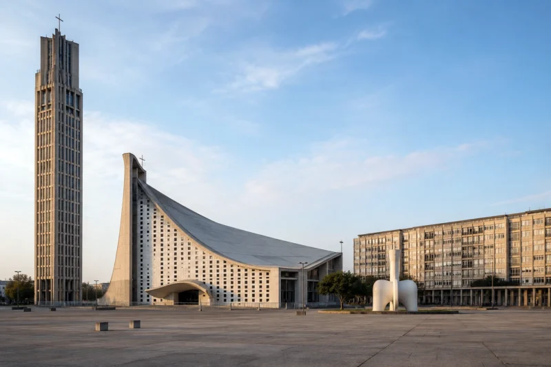 Sculptural space and modern architecture, Le Havre, France. AI image by ChatGPT