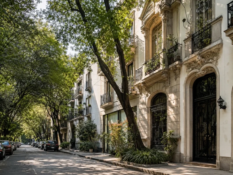Tree-lined Roma Norte street with historic façades and residential architecture
