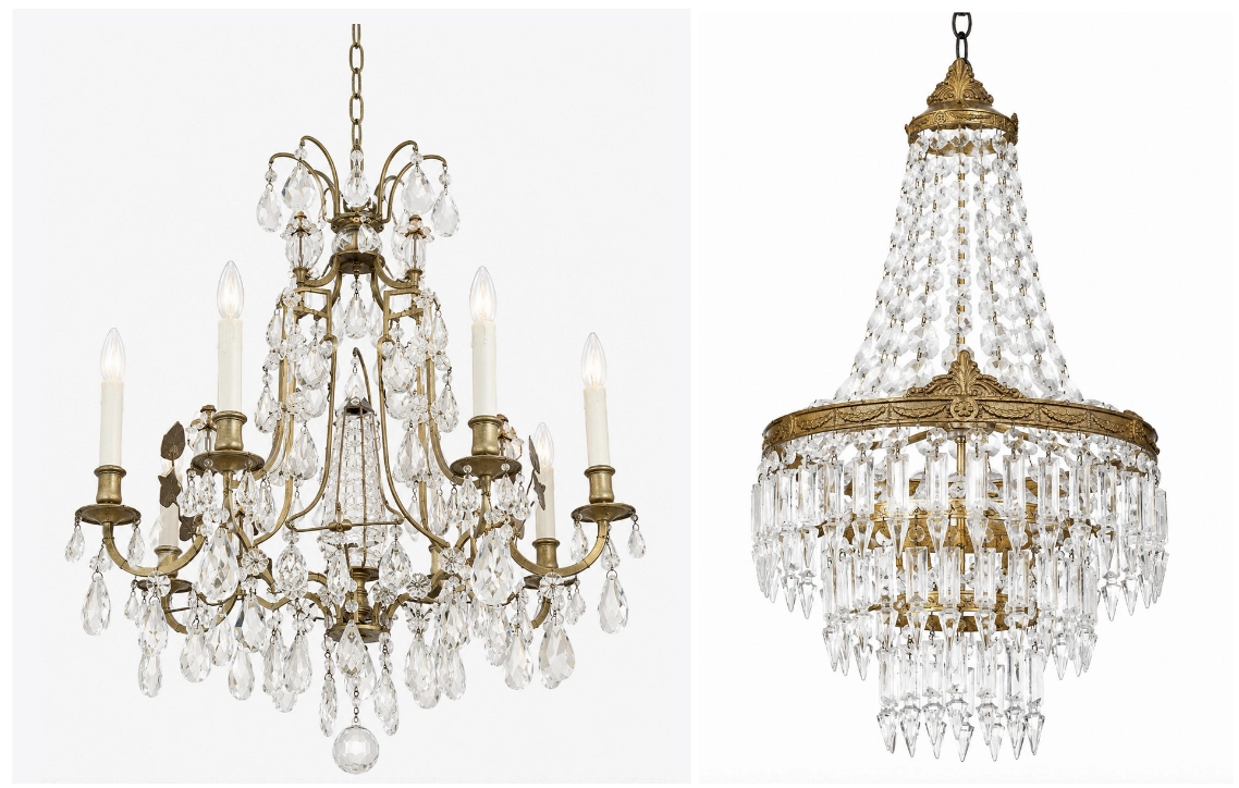 Two ornate antique crystal chandeliers from the Huff Harrington collection