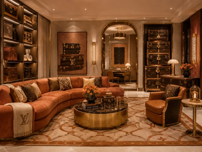 A conceptual interior channels Louis Vuitton through warm coral tones, brass accents, trunk-inspired detailing and elegant floral motifs that nod to the house’s storied travel heritage.