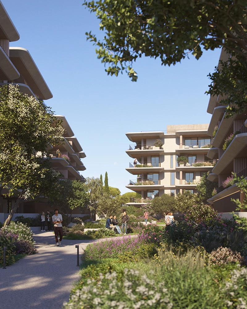 Landscaped courtyard gardens between residences at The Ellinikon Landscaped courtyard gardens between residences at The Ellinikon