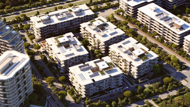 Aerial rendering of The Courtyards at The Ellinikon in Athens Aerial rendering of The Courtyards at The Ellinikon in Athens