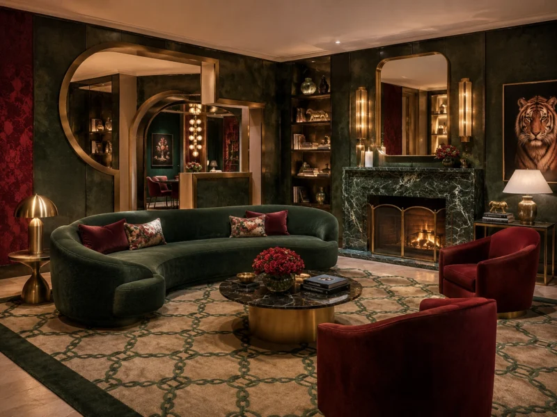 Deep green, burgundy and brass give this conceptual interior a richly theatrical character inspired by Gucci’s bold visual language.